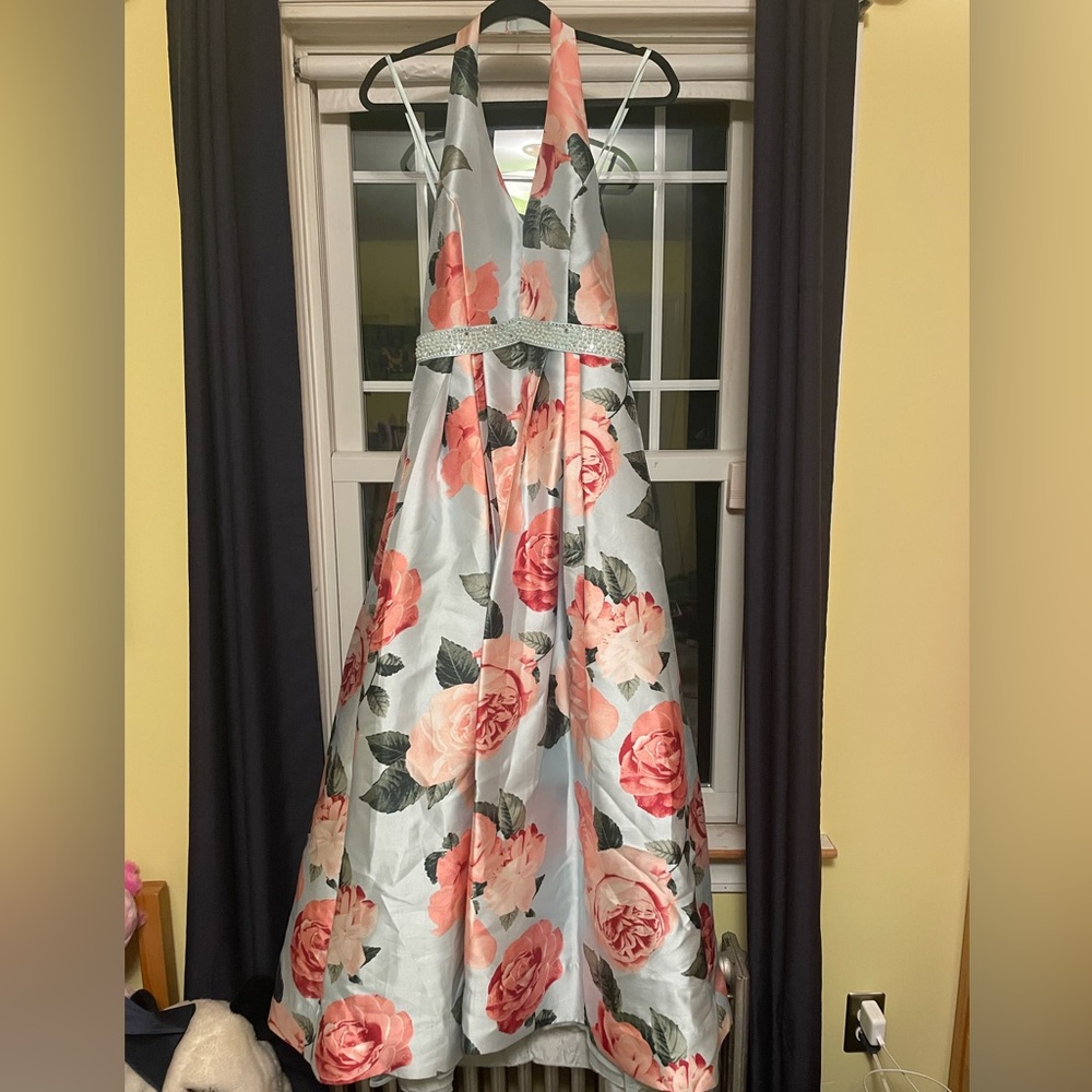 Blue and pink floral A line prom dress